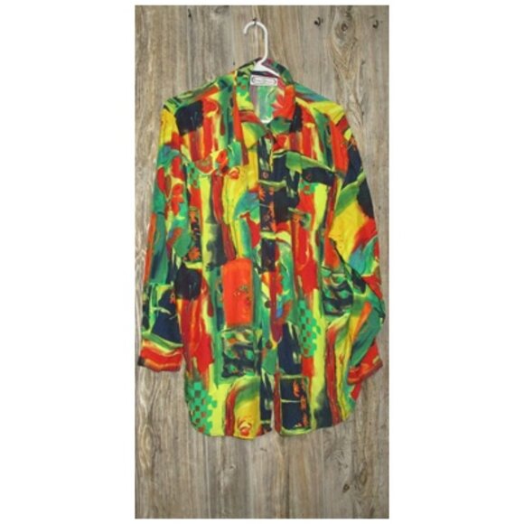 Vintage 1980s Saint Germain Oversized Rayon Blouse Top Orange Abstract Print XL - Picture 2 of 16